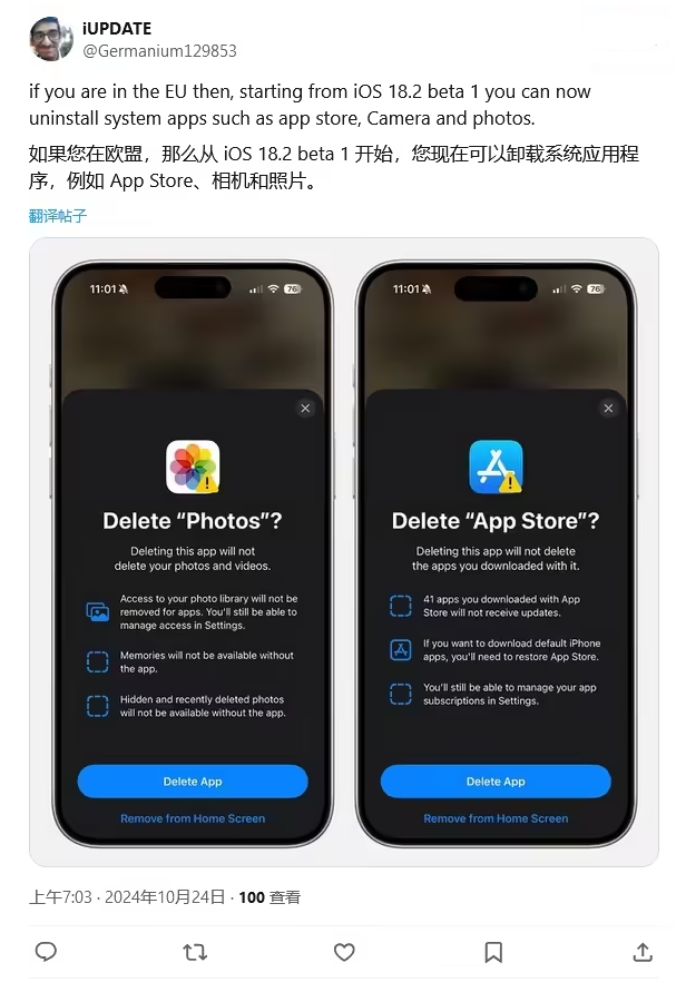 台州苹果手机维修分享iOS 18.2 支持删除 App Store 应用商店 